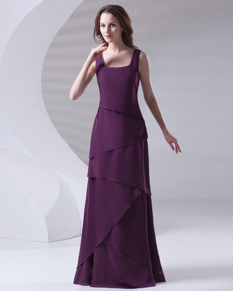 Shoulder Straps Pleated Floor Length Chiffon Mother of The Bride Dress