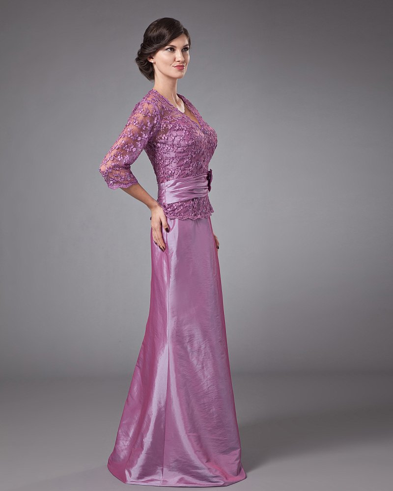 Beautiful V-Neck Floor Length Taffeta Lace Bead Mothers of Bride Dress