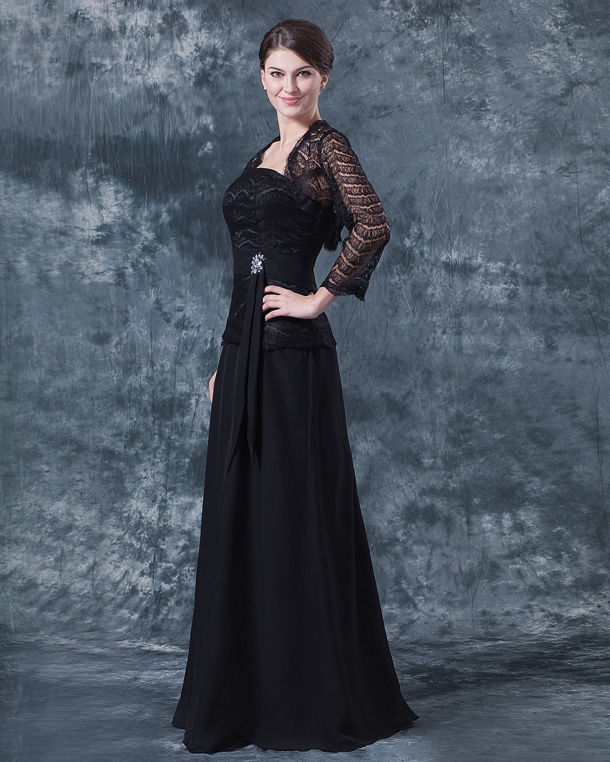 Chiffon Lace Pleated Queen Anne Floor Length Mothers of Bride Guests Dresses