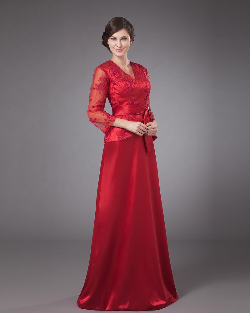 Satin Lace Bowtie V-Neck Mothers of Bride Guests Dresses