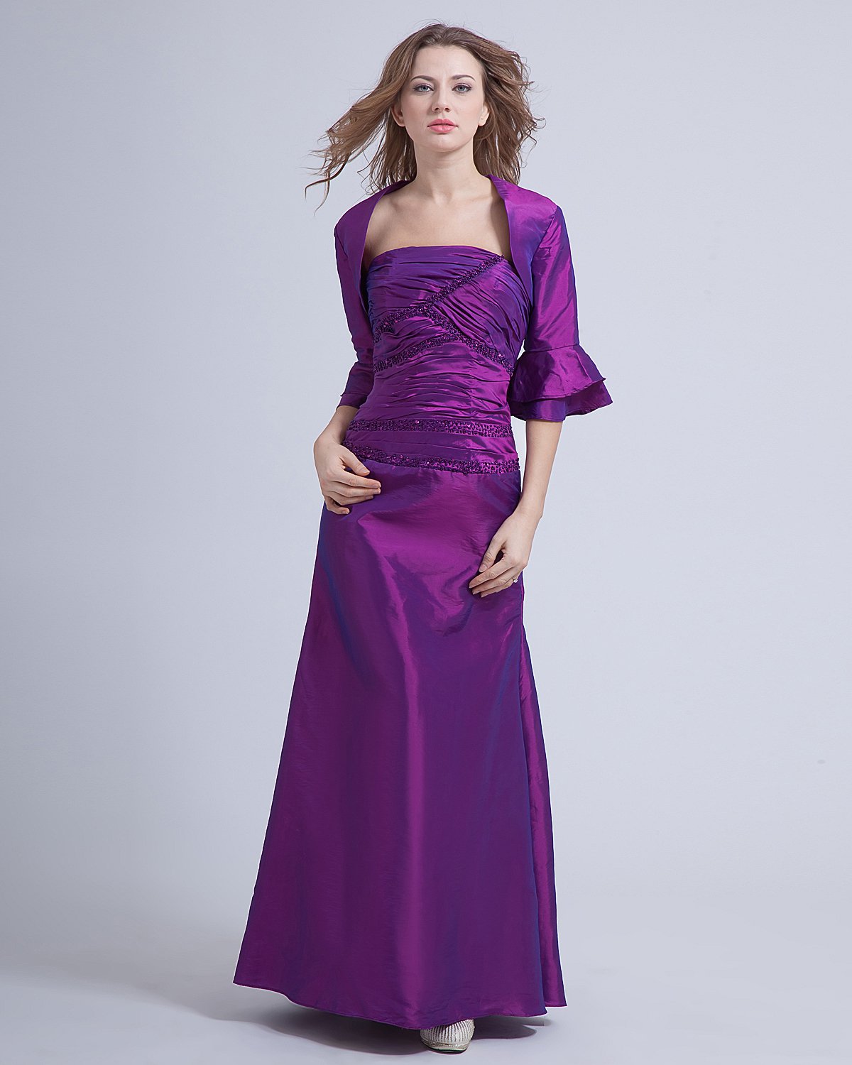 Taffeta Beading Floor Length Mothers of Bride Guests Dress