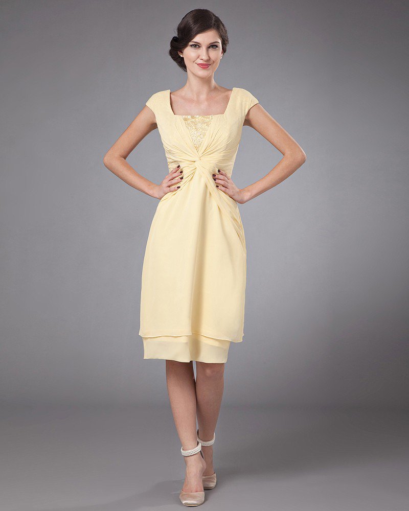 Charming Chiffon Ruffle Square Tea Length Mothers of Bride Guests Dresses