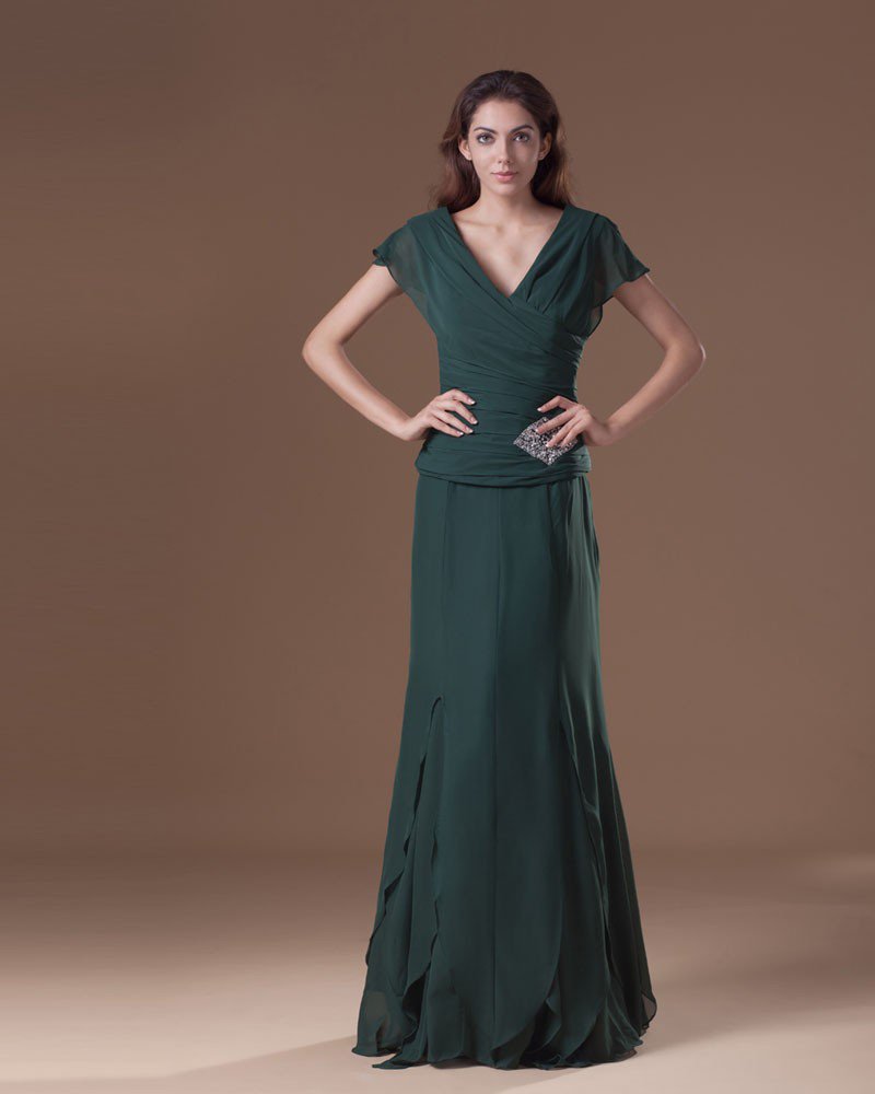 Chiffon Beads Ruffle V Neck Floor Length Mother Of The Bride Dress