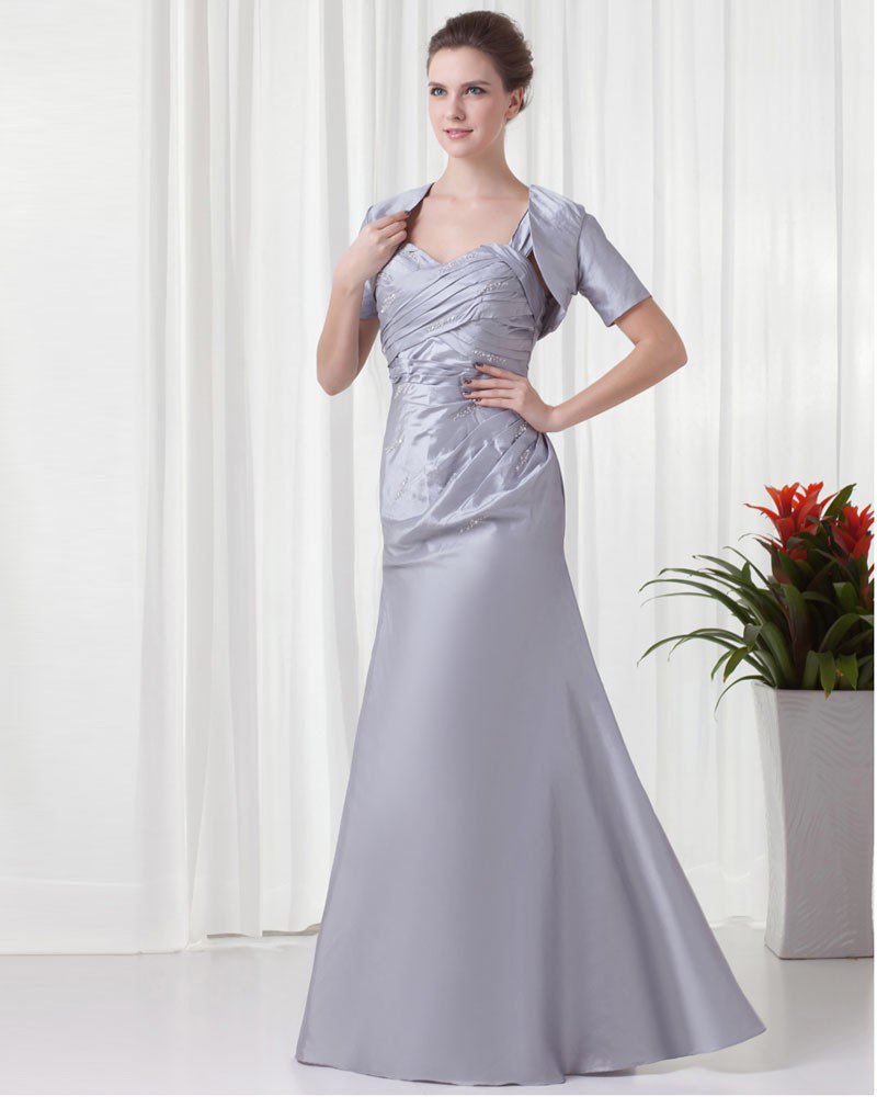 Shoulder Straps Pleated Wrap Floor Length Taffeta Mother of the Bride Dress