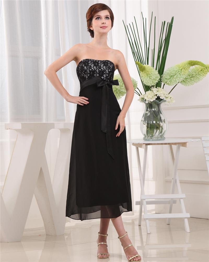 Strapless Sleeveless Zipper Belt Tea Length Chiffon Lace Satin Mother of the Bride Dress