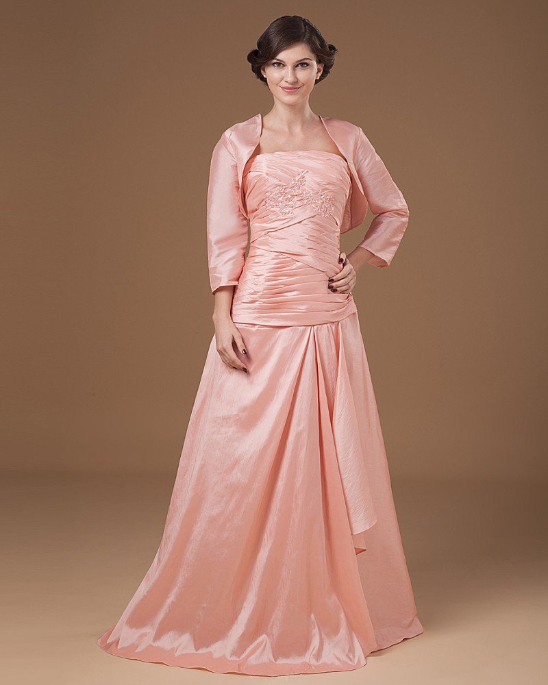 Taffeta Applique Pleated Strapless Ankle Length Mothers of Bride Guests Dresses