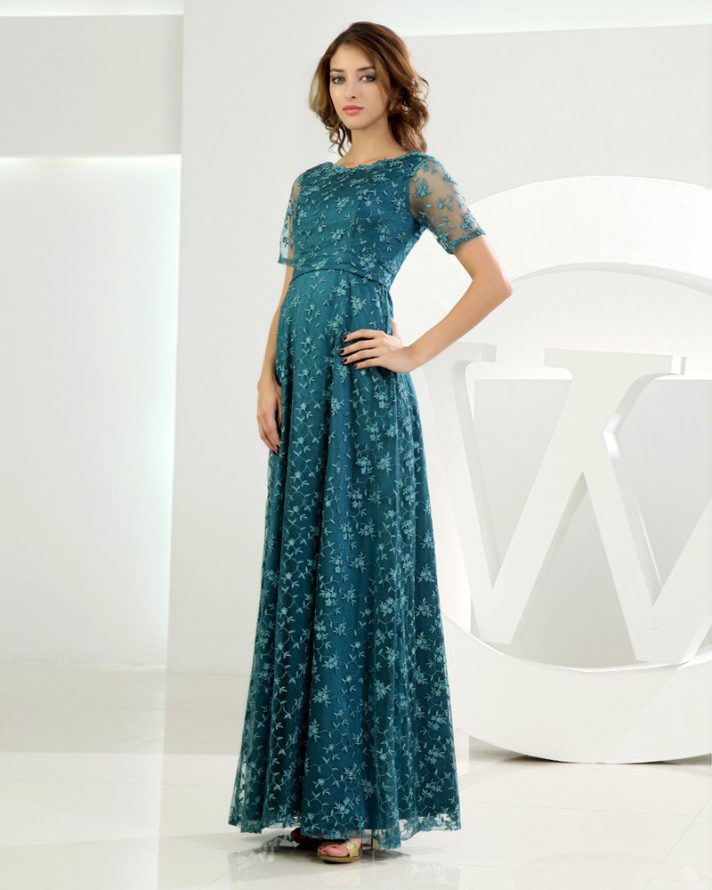 Jewel Short Sleeve Zipper Applique Ankle Length Lace Elastic Silk Like Satin Silk Mother of the Brid
