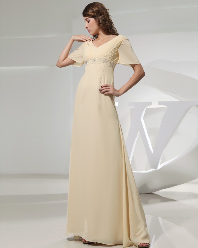 Petal Sleeve Floor Length V Neck Beading Pleat Chiffon Empire Mother Of The Bride Dress