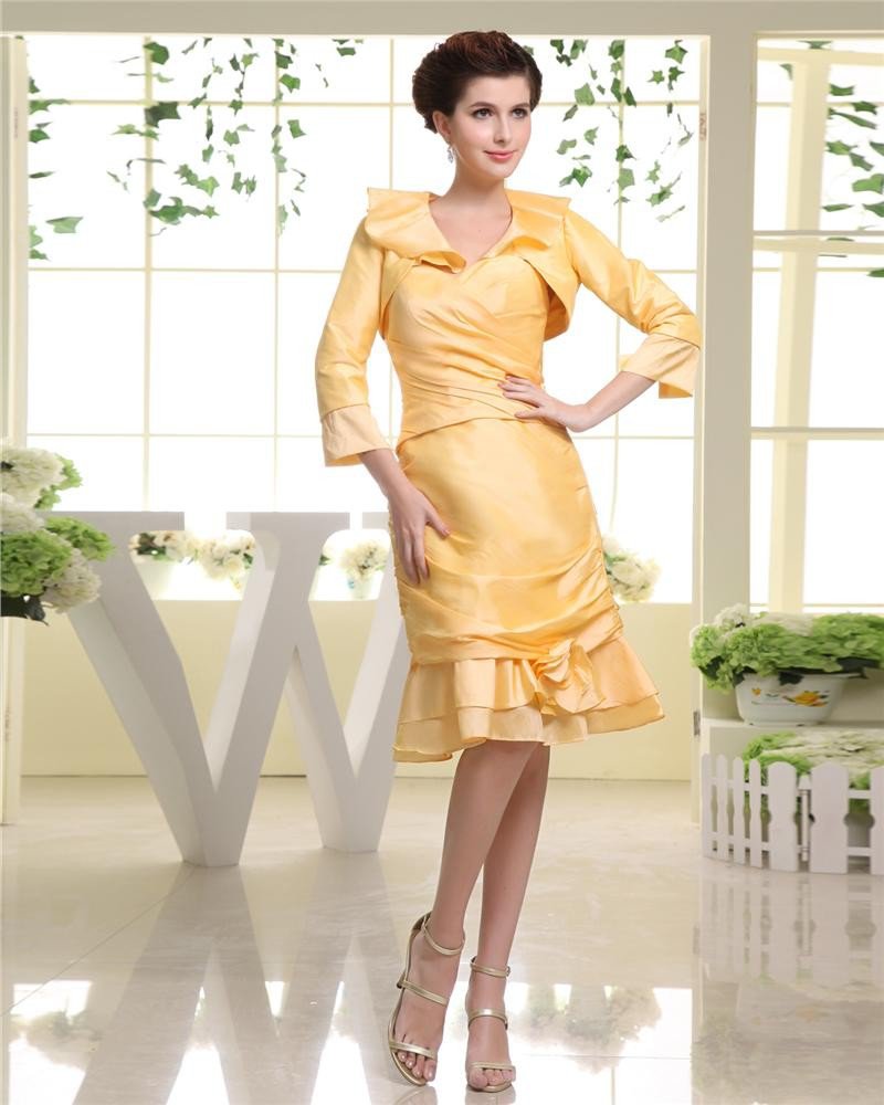 Strapless Neckline Pleat Silk Flowers Knee Length Empire Mother Of The Bride Dress