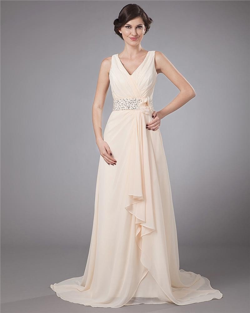 Flower Beading V Neck Floor Length Mothers of Bride Guests Dresses