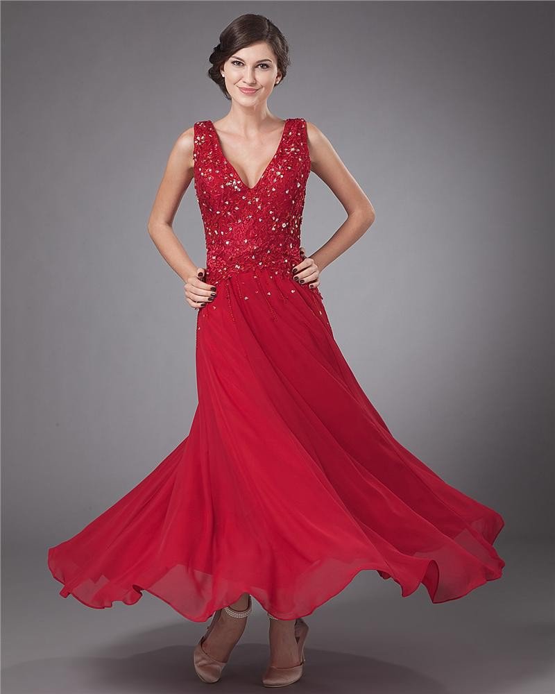 Chiffon Applique Embroidery V-Neck Ankle Length Mothers of Bride Guests Dresses