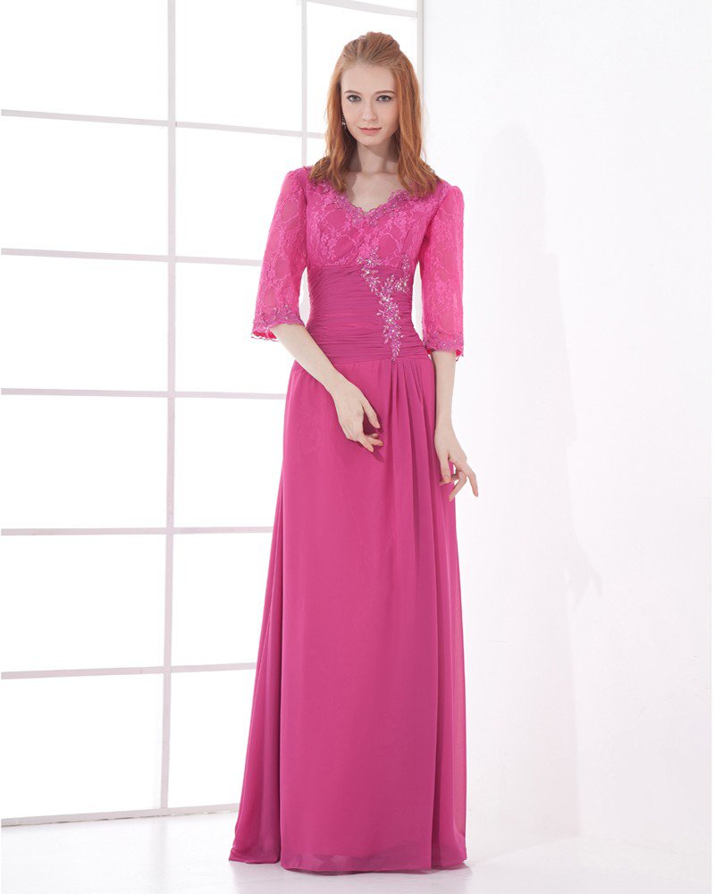 Chiffon V Neck 3/4-Length Sleeve Embroidery Floor Length Mother of the Bride Dress
