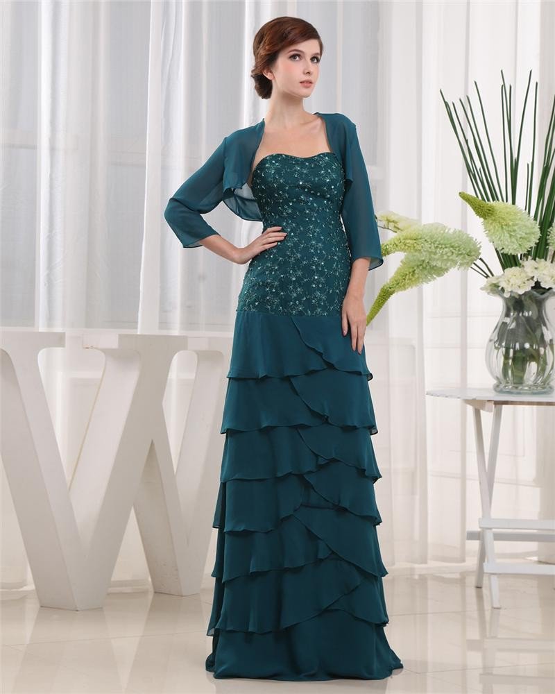 Sweetheart 3/4 Length Sleeve Zipper Beading Ruffle Floor Length Chiffon Mother of the Bride Dress
