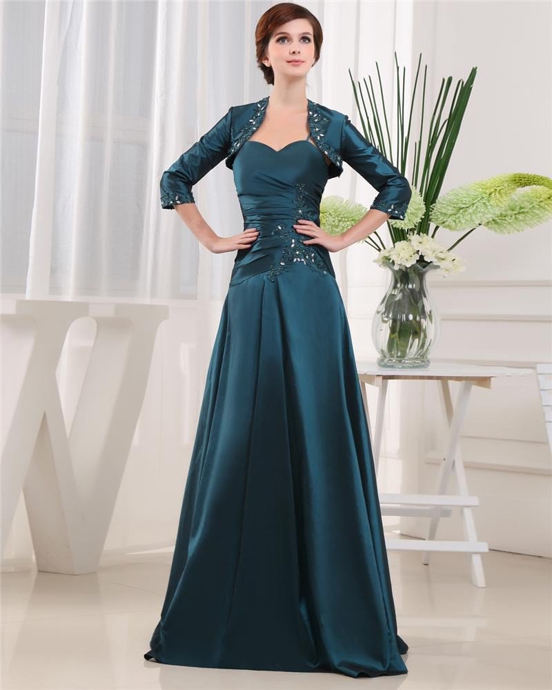 Spaghetti Straps Pleated Beading 3/4 Length Sleeve Zipper Floor Length Satin Mother of the Bride Dre