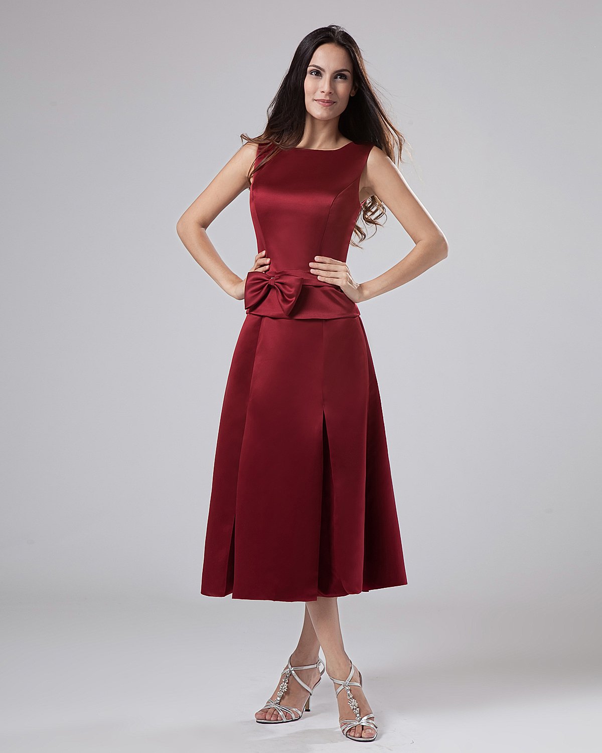 Satin Embroidery Strapless Tea Length Mothers of Bride Guests Dresses
