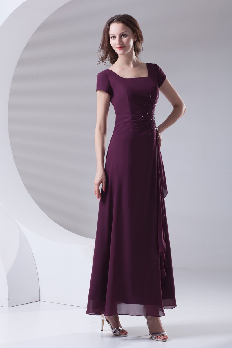 Square Beading Pleated Ankle Length Chiffon Mother of the Bride Dress
