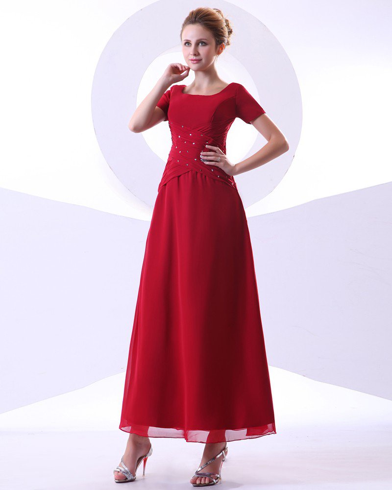 Chiffon Beading Pleated Ruffle Round Neck Ankle Length Mothers of Bride Guests Dresses