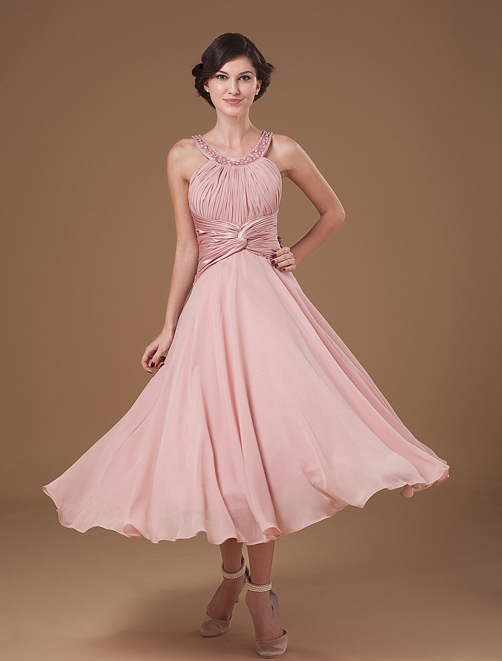 Chiffon Ruffle Halter Beading Tea Length Mothers of Bride Guests Dresses