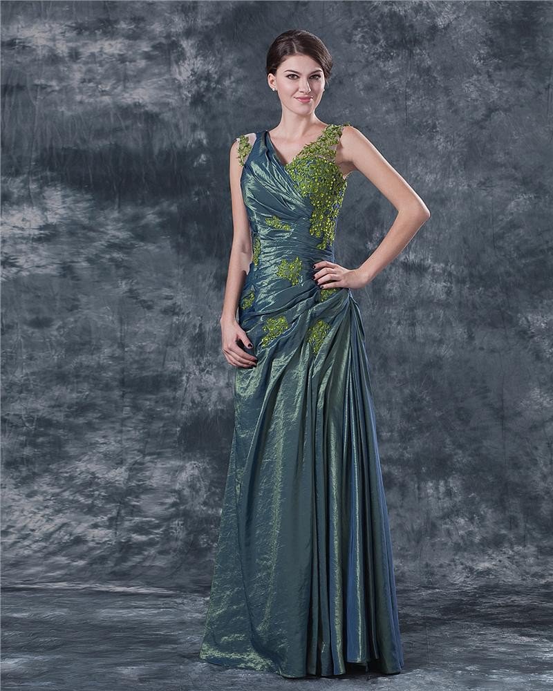 Satin V Neck Ruffle Applique Floor Length Mothers of Bride Guests Dresses