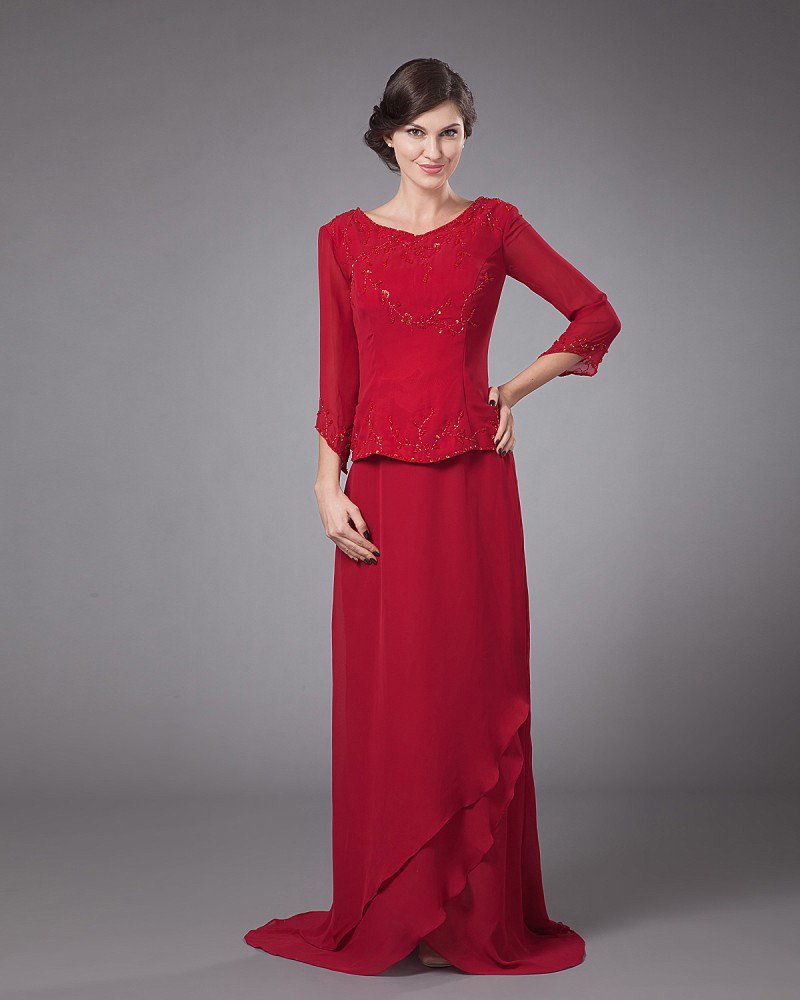 Chiffon Beading Pleated Round Neck Ankle Length Mothers of Bride Guests Dresses