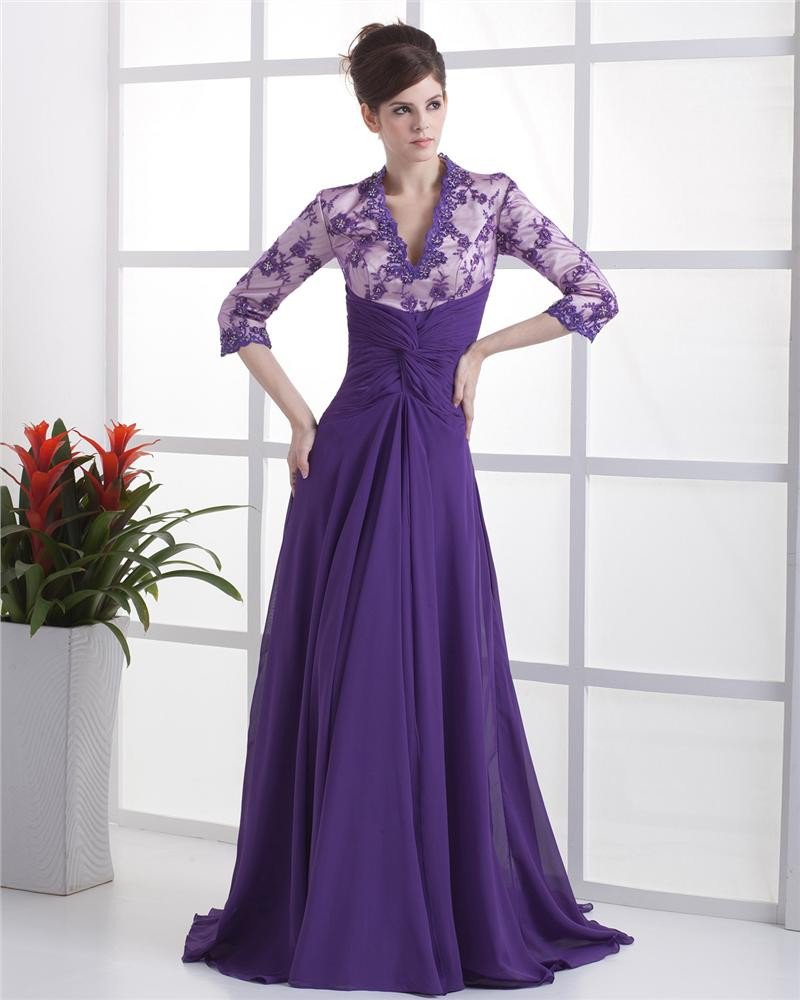 A-Line V-Neck Chiffon Ruffles Floor Length Mothers Of The Bridal Dresses