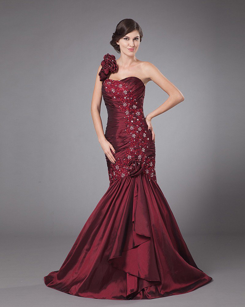 Taffeta Ruffle Beading One Shoulder Mermaid Floor Length Mothers of Bride Guests Dresses