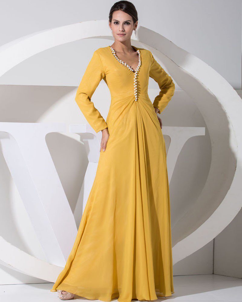 Chiffon Silk Beading V Neck Long Sleeve Mother of the Bride Dress