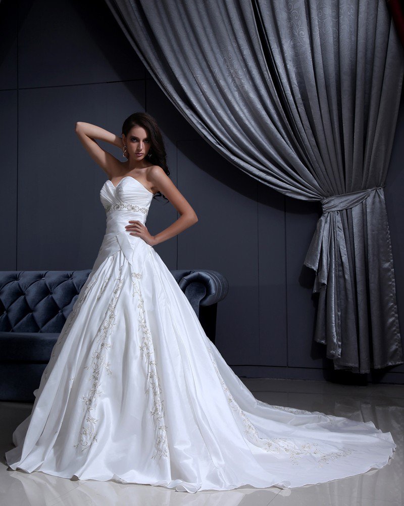 Satin Applique Beaded Ruffle Sweetheart Chapel A-line Bridal Gown Wedding Dress
