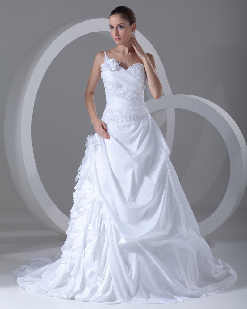 Taffeta Ruffle Flower Beads One Shoulder Court Train Ball Gown Women A Line Wedding Dress