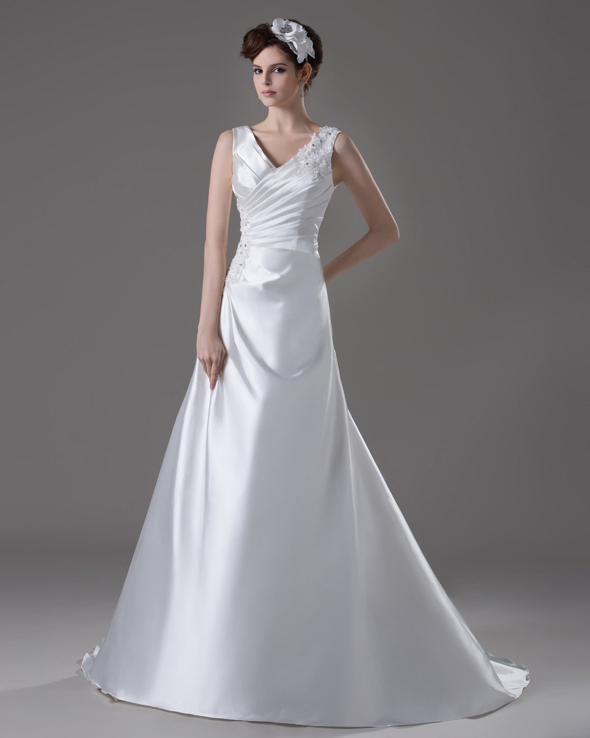 V Neckline Floor Length Pleated Beading Flower Satin A Line Wedding Dress