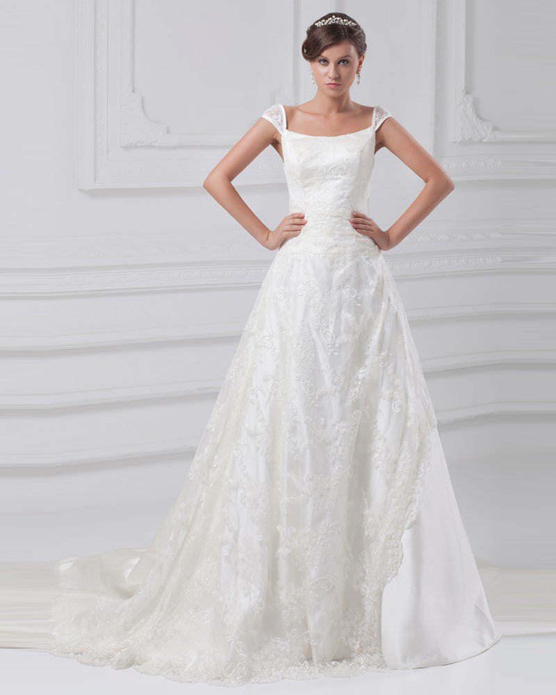 Lace Satin Ruffle Flower Square Collar Court Train Ball Gown Women A Line Wedding Dress