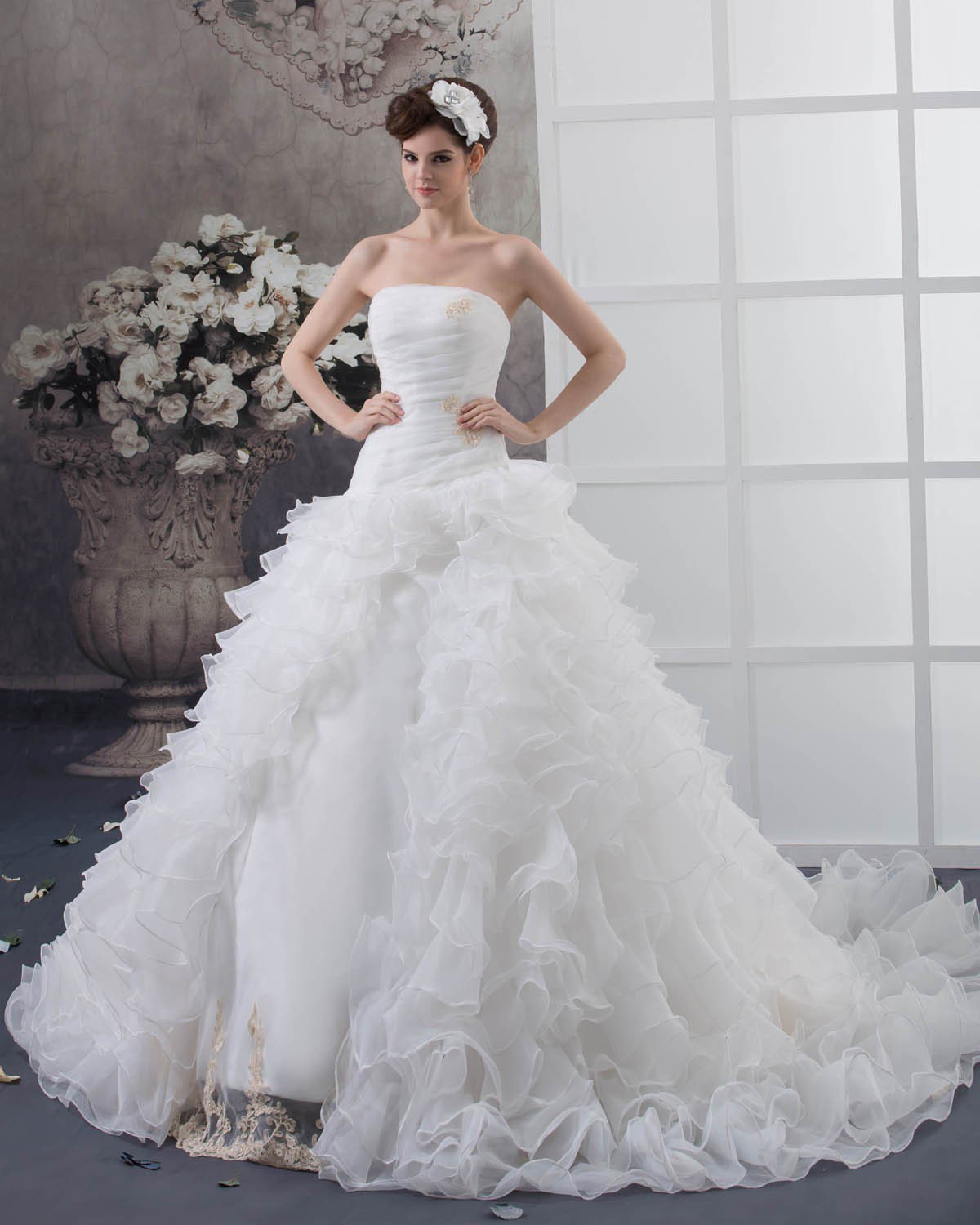Satin Organza Embroidery Beading Court A-Line Bridal Gown Wedding Dresses