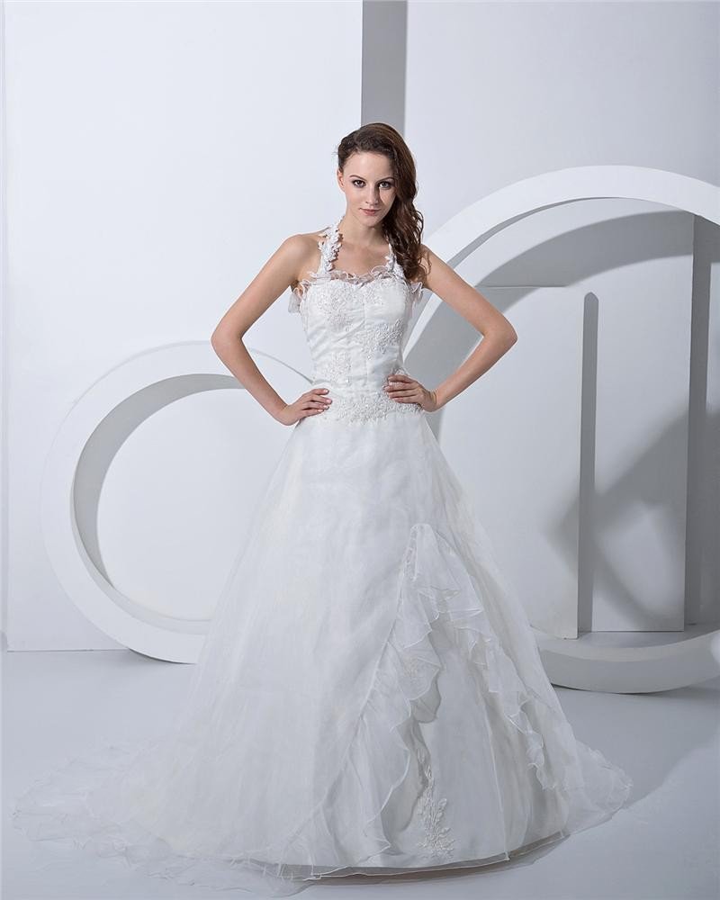 Applique Sweetheart Halter Court A-Line Bridal Gown Wedding Dress