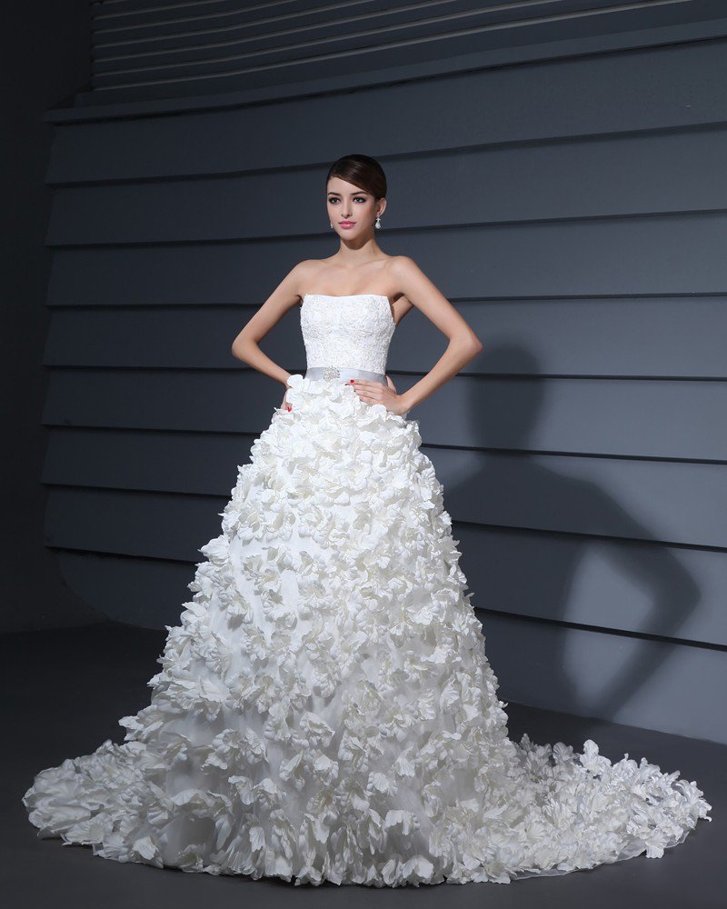 Elegant Satin Organza Strapless Handmade Flower Beading Sweep A-Line Bridal Wedding Dress