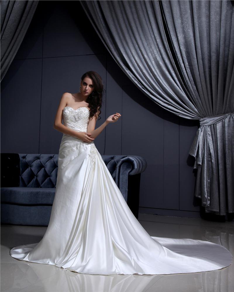 Strapless Lace Up Sleeveless Floor Length Applique Beading Ruffle Charmeuse Woman A Line Wedding Dre
