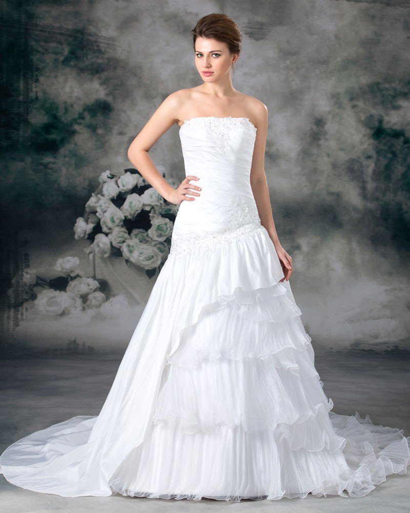 Strapless Taffeta Pleated Layered Floor Length Chapel Train A Line Wedding Dress
