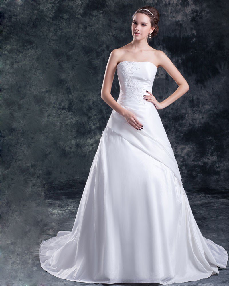 Taffeta Sequins Applique Court Train Strapless Ball Gown Women A Line Wedding Dress