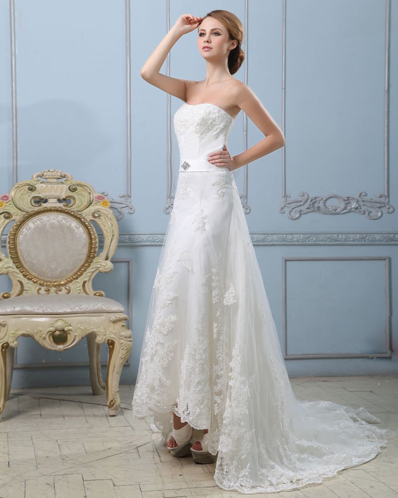 Elegant Solid Applique Lacework A-Line Strapless Back Zipper Court Train Satin Wedding Dress