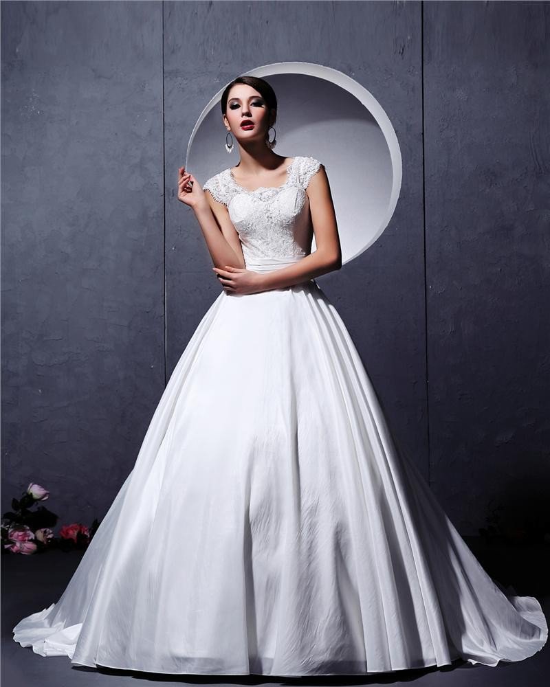 Satin Lace Ruffle Beaded Scoop Chapel A-line Bridal Gown Wedding Dress