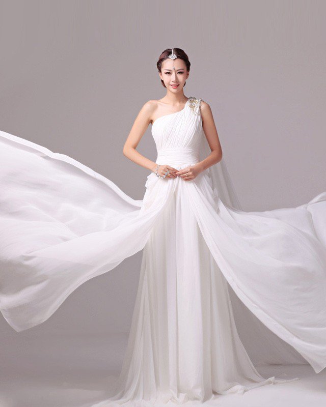 Elegant Solid Ruffles Beading One Shoulder Charmeuse A Line Wedding Dress