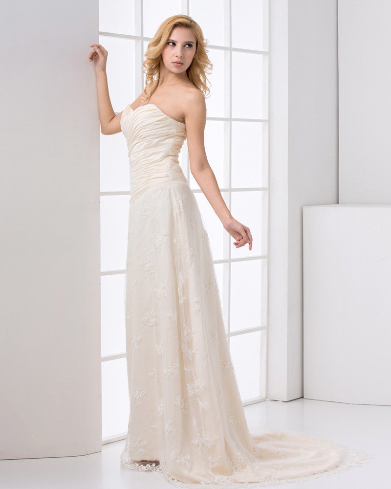 Satin Lace Ruffle Sweetheart Floor Length Court Train A Line Wedding Dress
