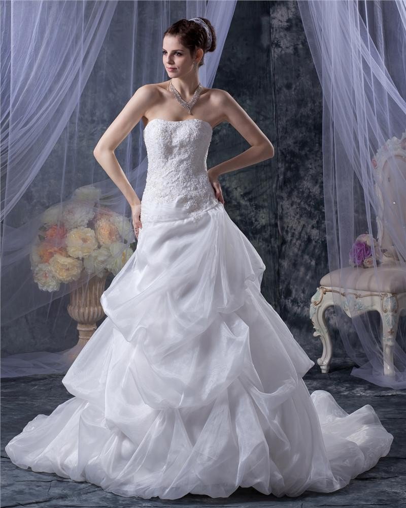 Organza Satin Applique Ruffles Beading Court A-Line Bridal Gown Wedding Dress