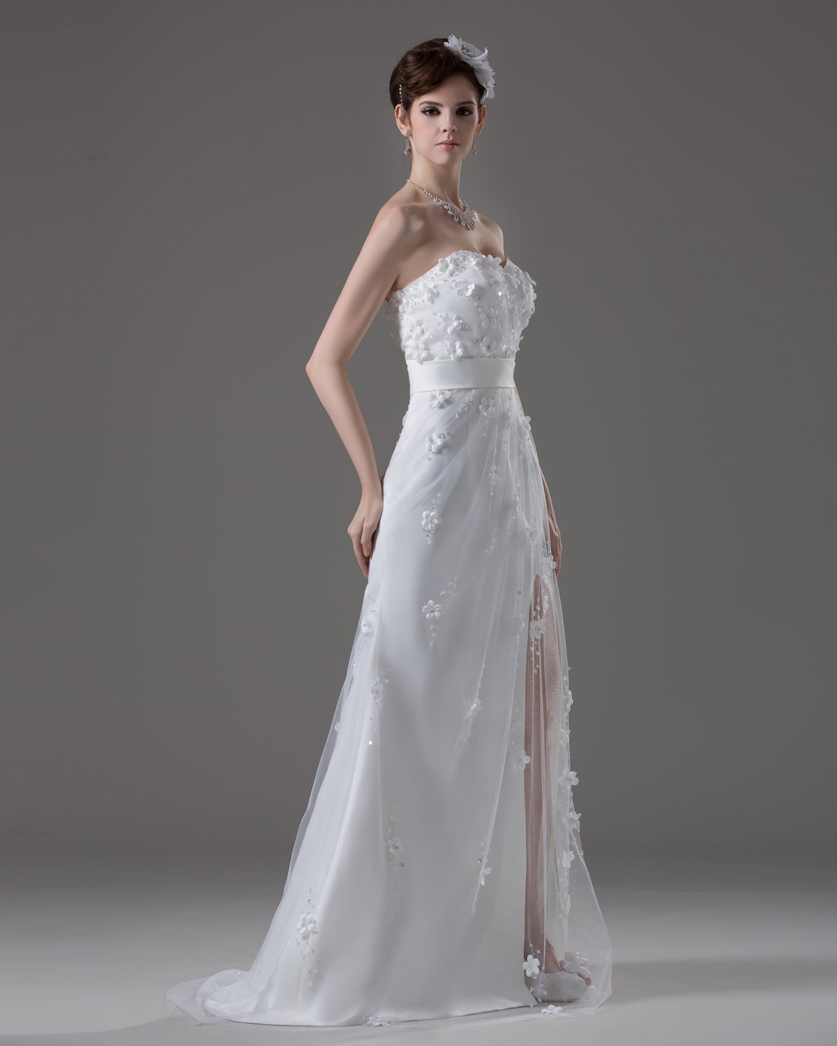 Sweetheart Floor Length Flowers Beading Satin A Line Wedding Dress