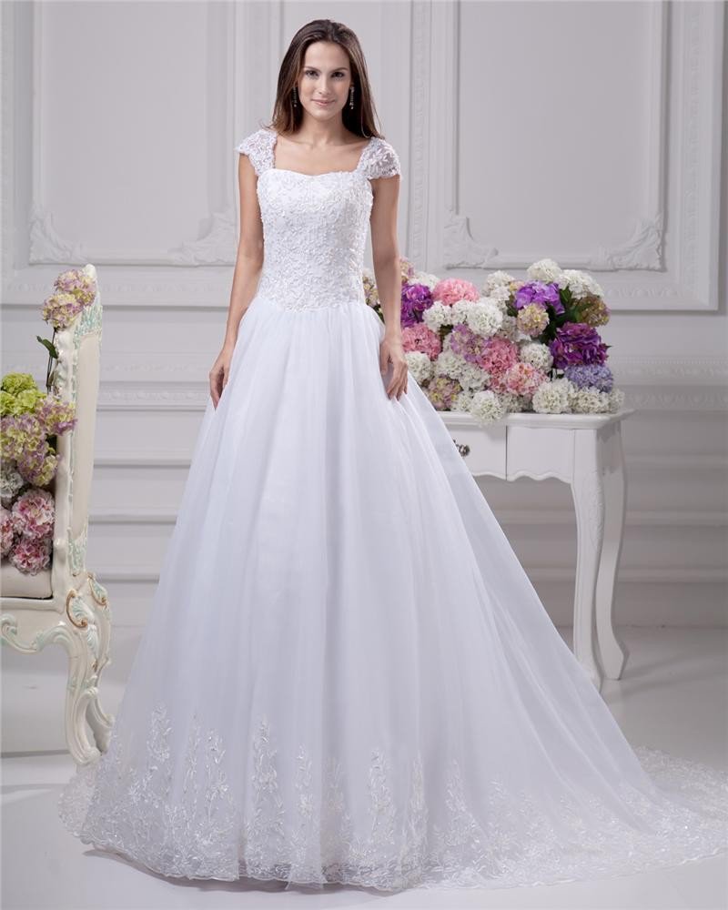 Square Lace Beading Floor Length Satin Women A Line Wedding Dress
