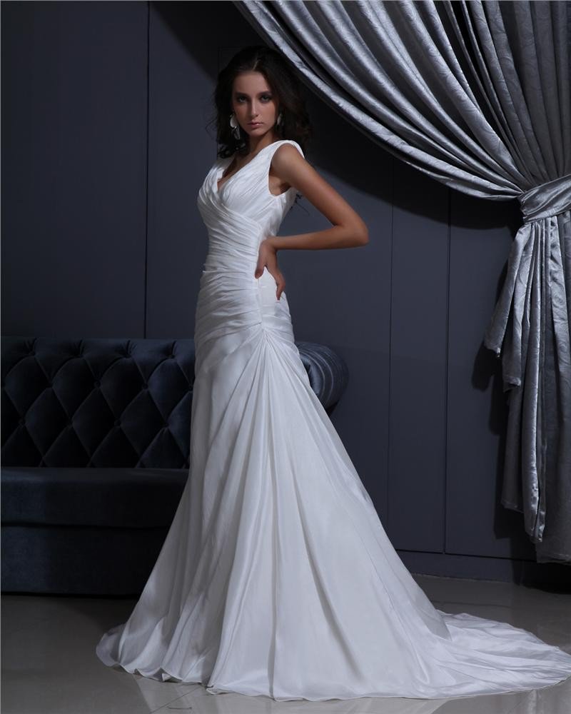 V Neck Sleeveless Lace Up Floor Length Ruffle Taffeta Woman A Line Wedding Dress