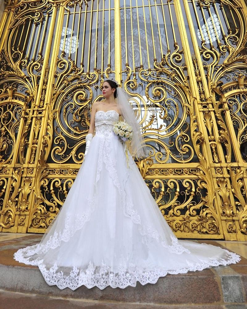 Satin Tulle Lace Beading Sweetheart Floor Length Cathedral Train A-Line Wedding Dress