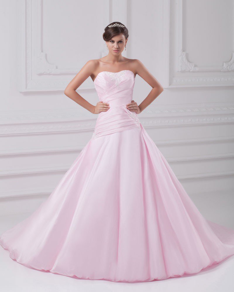 Satin Ruffle Flower Sweetheart Floor Length Ball Gown Women A Line Wedding Dress