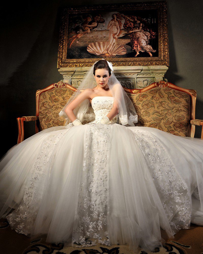 Tulle Organza Lace Beading Applique Strapless Floor Length Chapel Train A-Line Wedding Dress