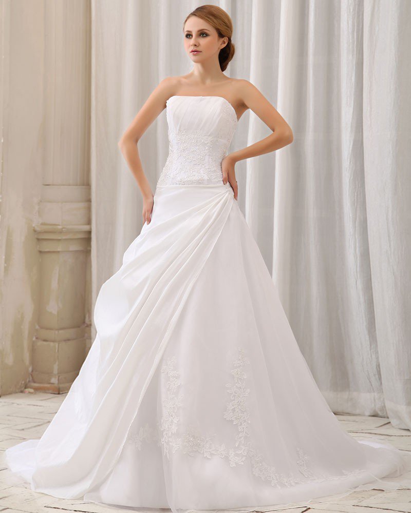 Elegant Solid Ruffle Applique A-Line Strapless Back Zipper Court Train Taffeta Wedding Dress
