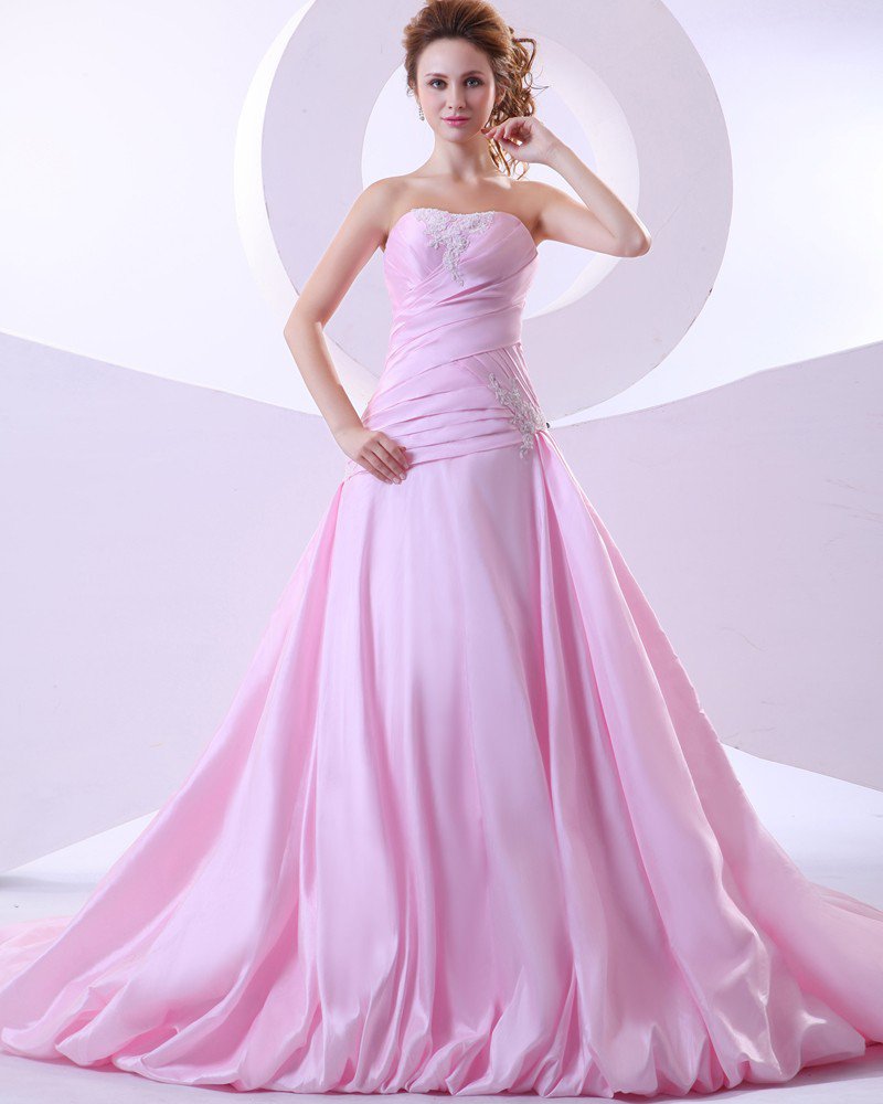 Taffeta Applique Ruffle Strapless Chapel A-line Bridal Gown Wedding Dress